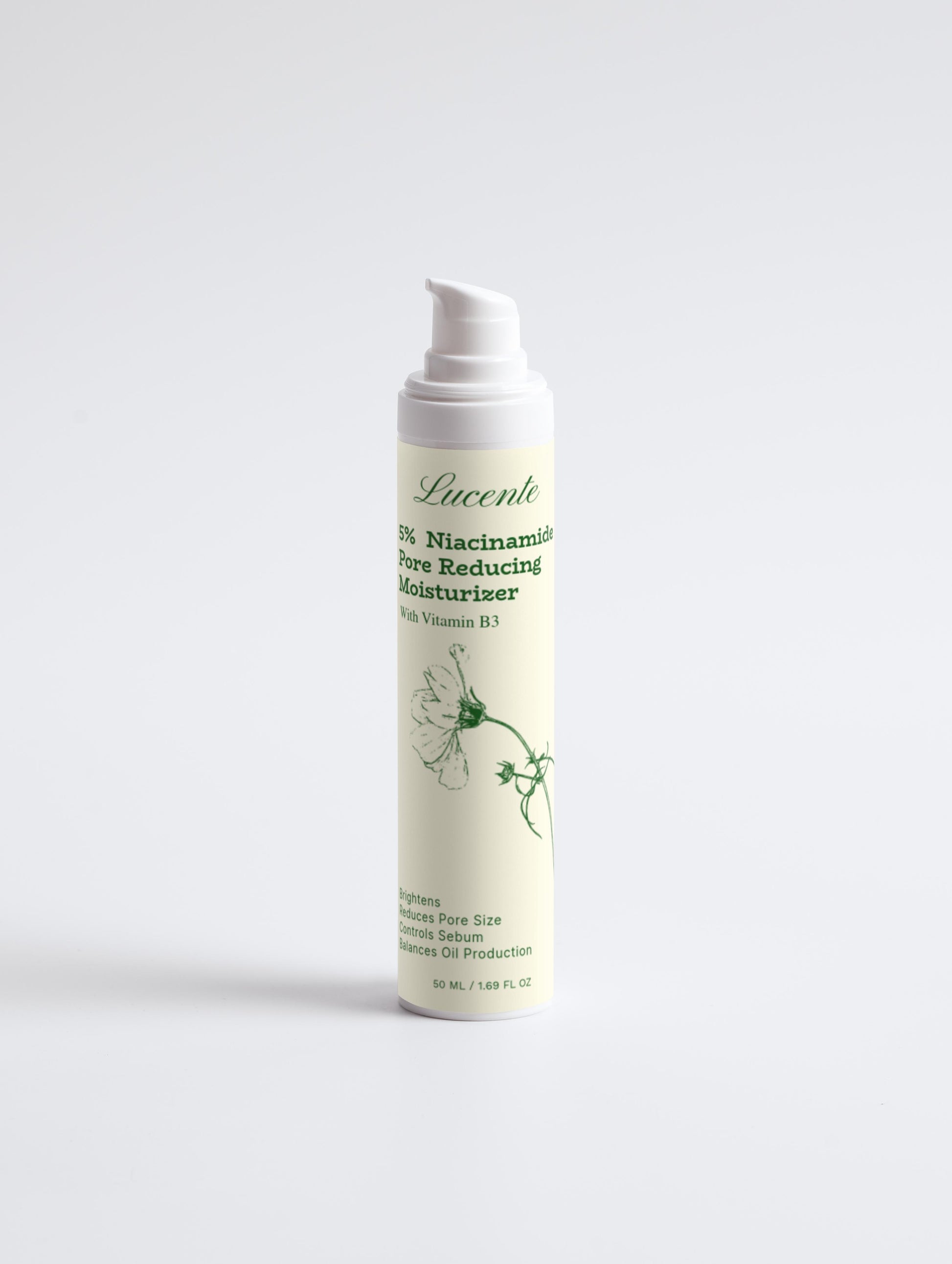 Skincare bottle with a white cap on a light gray background