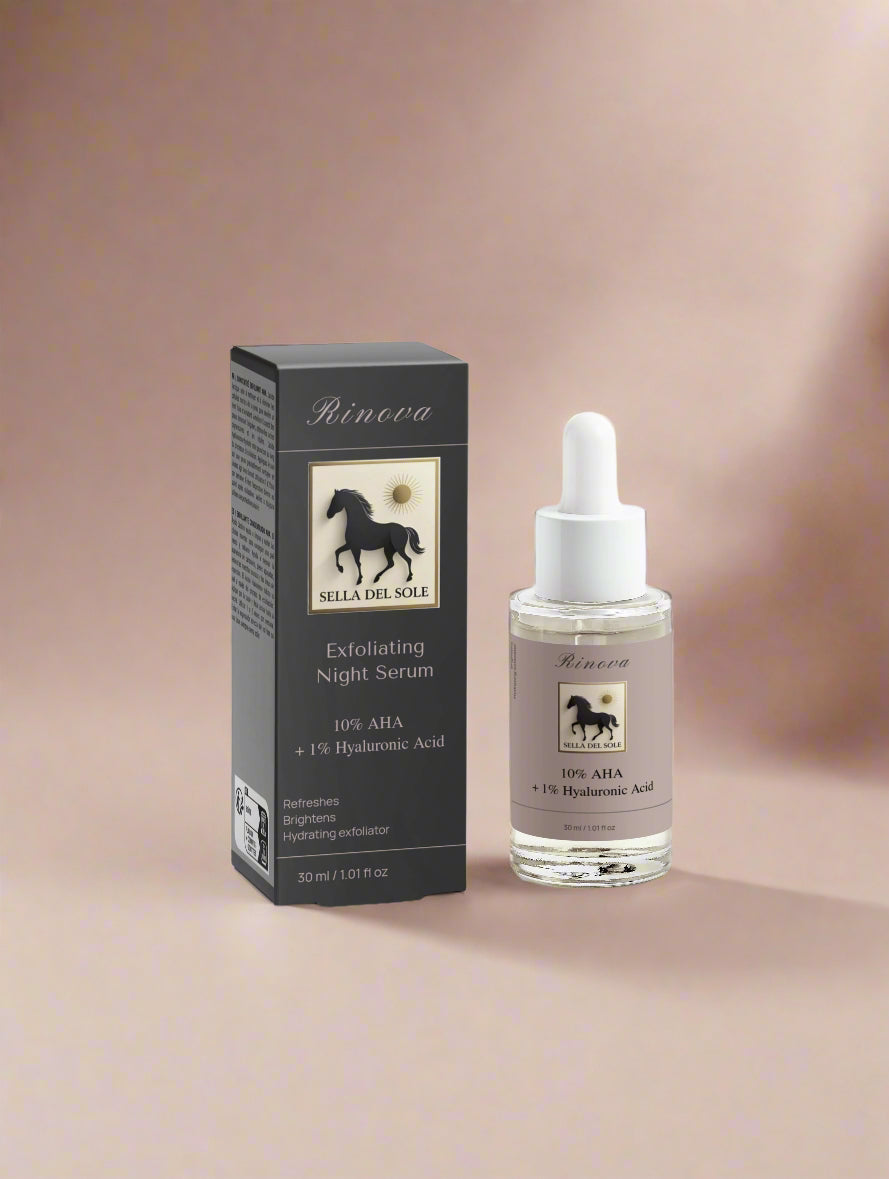 Exfoliating night serum bottle with packaging on a white background