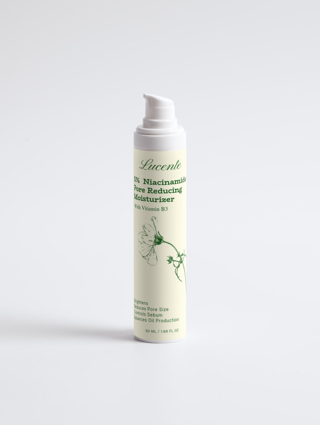 Skincare bottle with a white cap on a light gray background